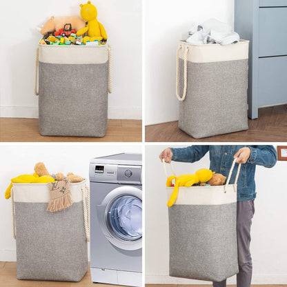 Faltbarer Wäschekorb 78L mit Seilgriffen Beige Grau 60x42x31 cm