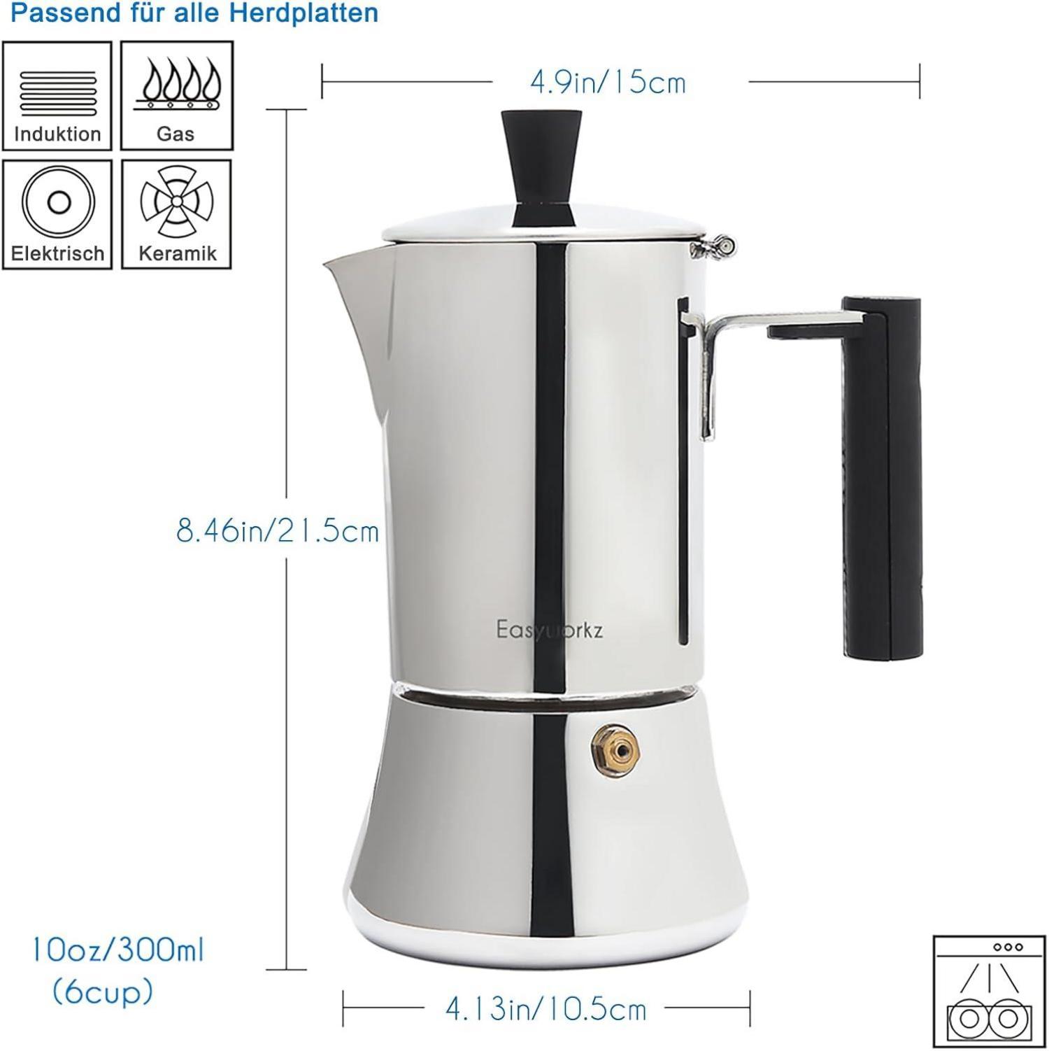 Espressokocher Edelstahl für 6 Tassen 300ml Induktion Gas