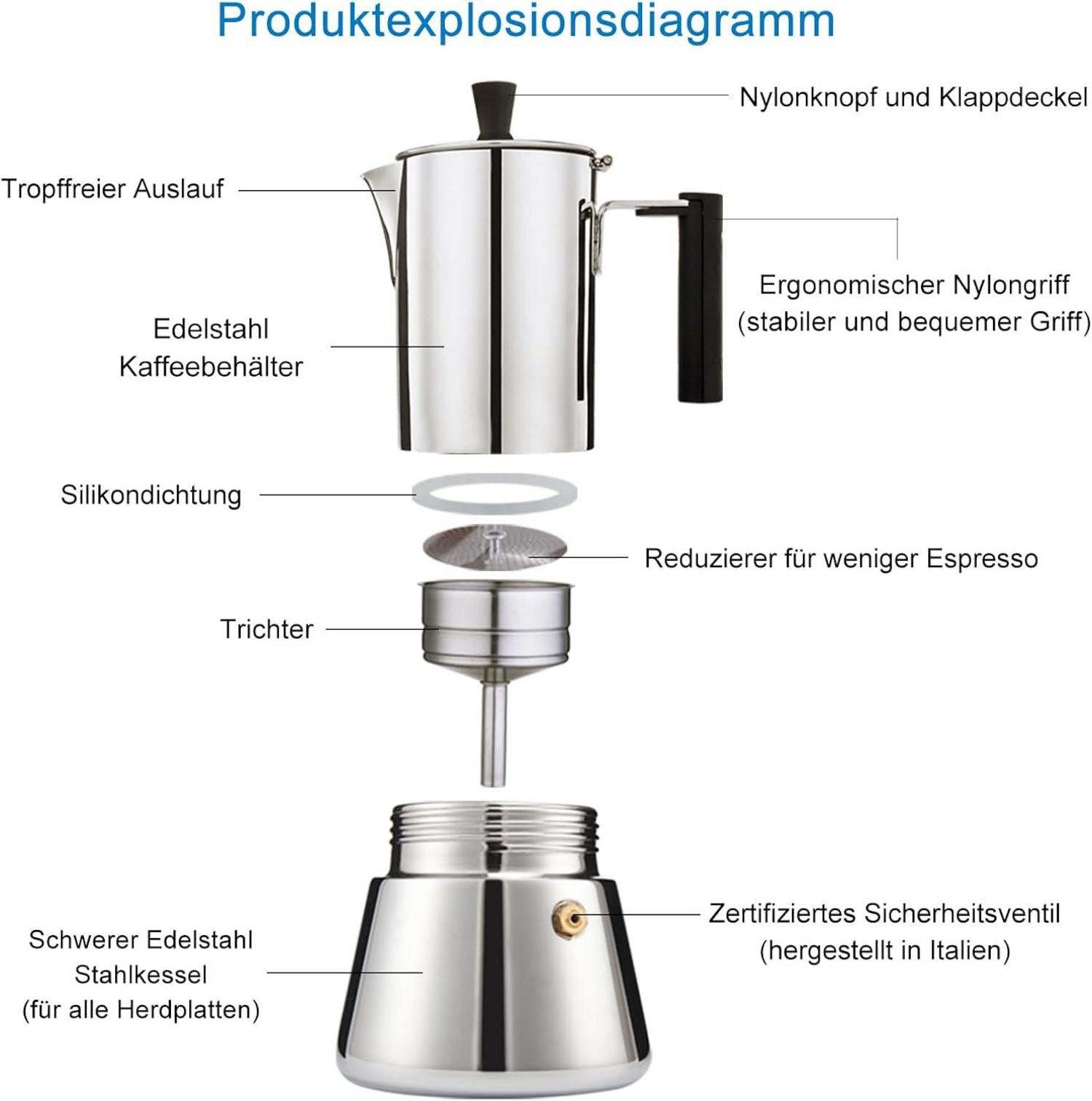 Espressokocher Edelstahl für Induktions-Gas Herd 6 Tassen 300ml