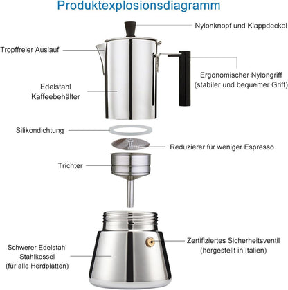 Espressokocher Edelstahl für Induktions-Gas Herd 6 Tassen 300ml