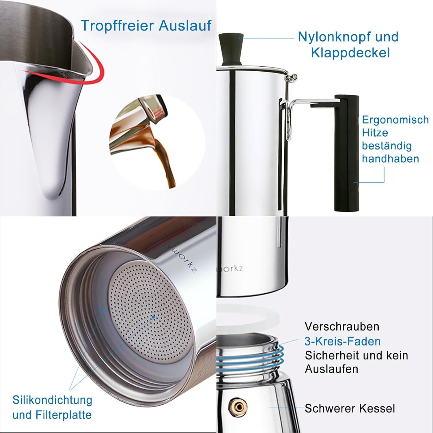 Espressokocher Edelstahl für Induktions-Gas 6 Tassen 300ml Silber