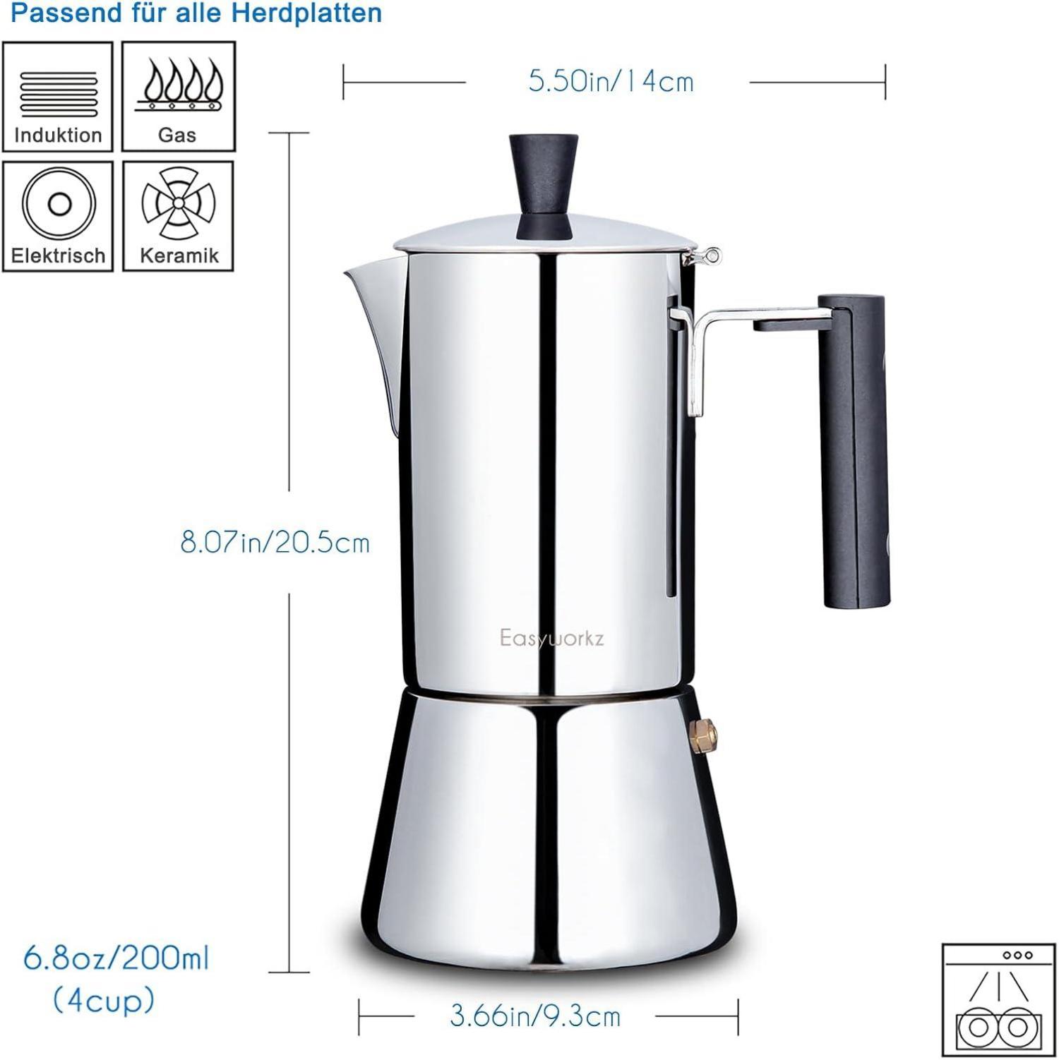 Espressokocher Edelstahl 4 Tassen 200ml für alle Herde