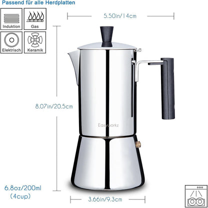 Espressokocher Edelstahl 4 Tassen 200ml für alle Herde