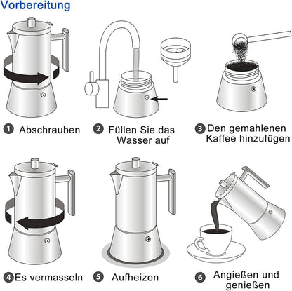 Espressokocher Edelstahl Induktion Mokkakanne 4 Tassen 200ml Silber