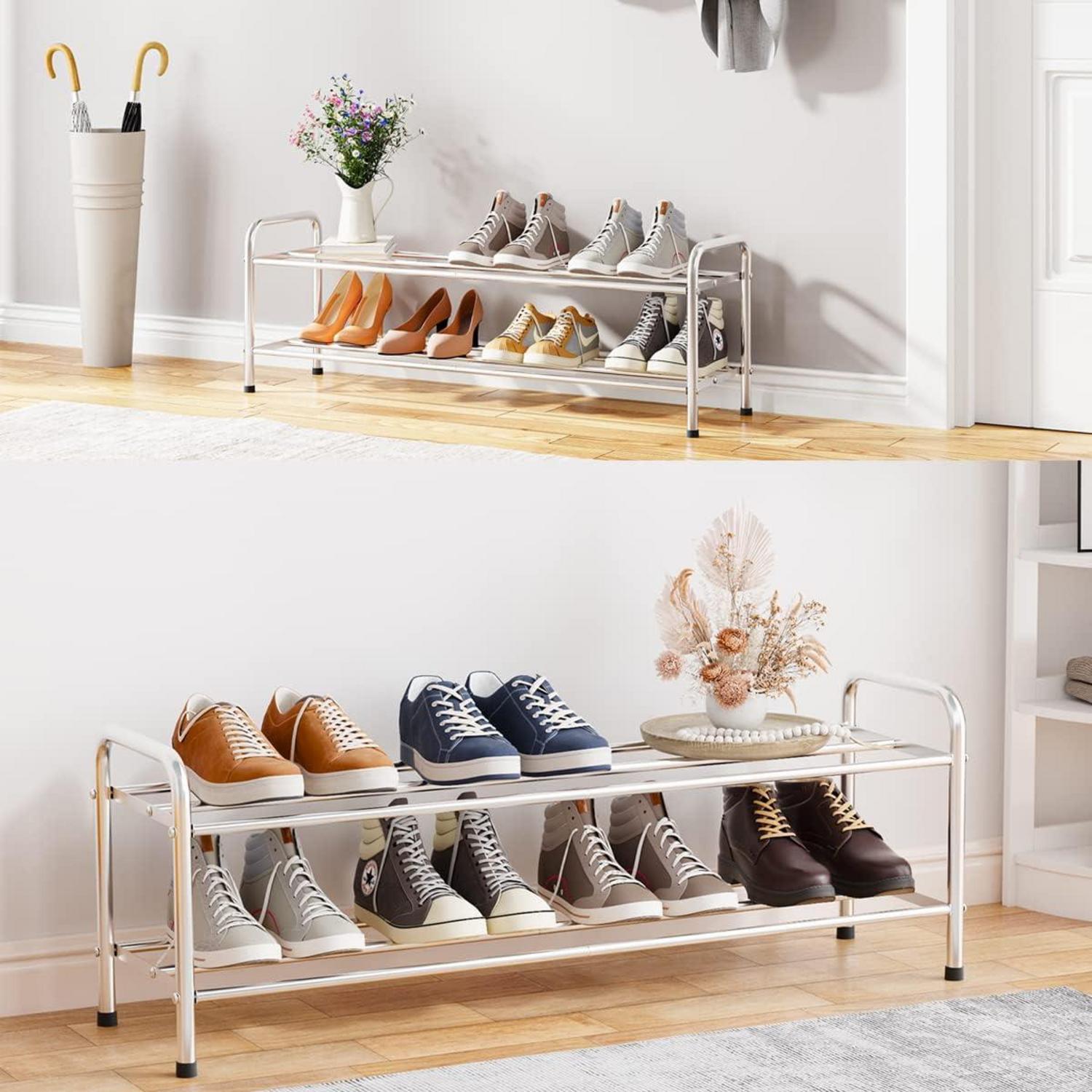 Schuhregal 2 Ebenen Edelstahl für 9-12 Paar Schuhe 80x26.2x33.5 Silber