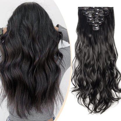Welliges Haarverlängerung Set – Voller Kopf, 43cm, Schwarz