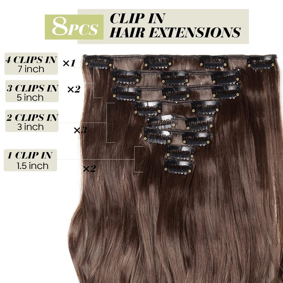 Gewellte Haarverlängerung 43cm Mittelbraun – 8-teiliges Set