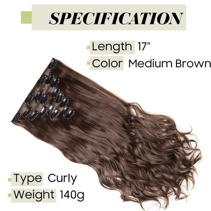 Gewellte Haarverlängerung 43cm Mittelbraun – 8-teiliges Set