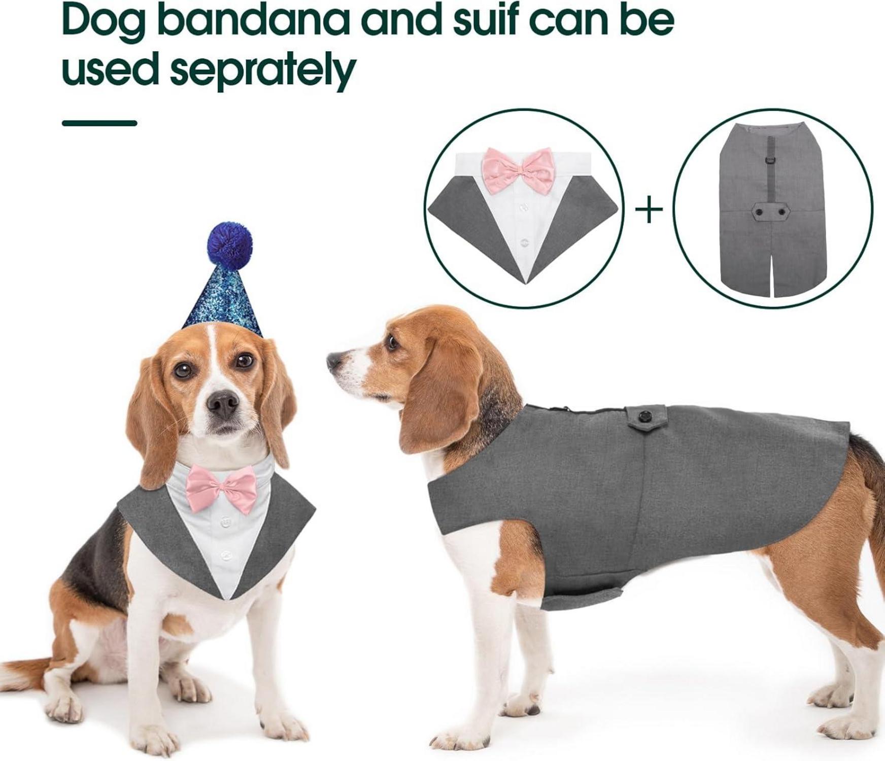 Kuoser Hund Smoking Anzug mit Bandana, Haustier Party Set, S-XXL Grau