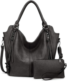 Damen Handtasche Groß Shopper Leder Umhängetasche 2pcs Grau