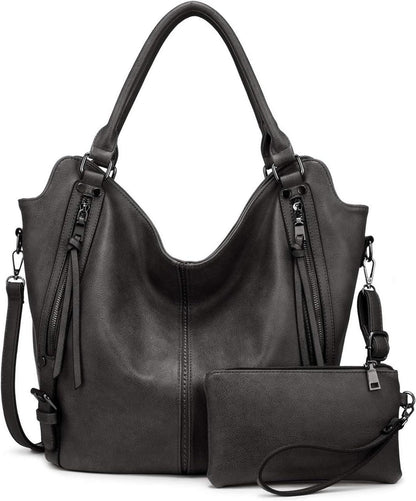 Damen Handtasche Groß Shopper Leder Umhängetasche 2pcs Grau