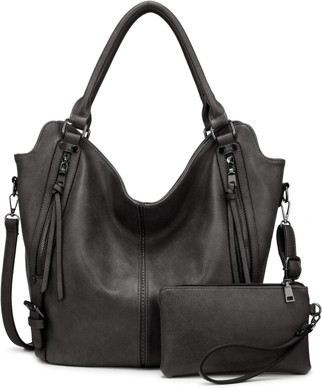 Realer Damen Handtasche Set Groß Dunkelgrau 2-teilig