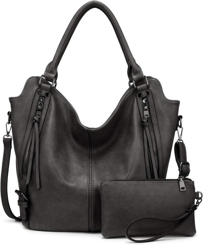 Realer Damen Handtasche Set Groß Dunkelgrau 2-teilig