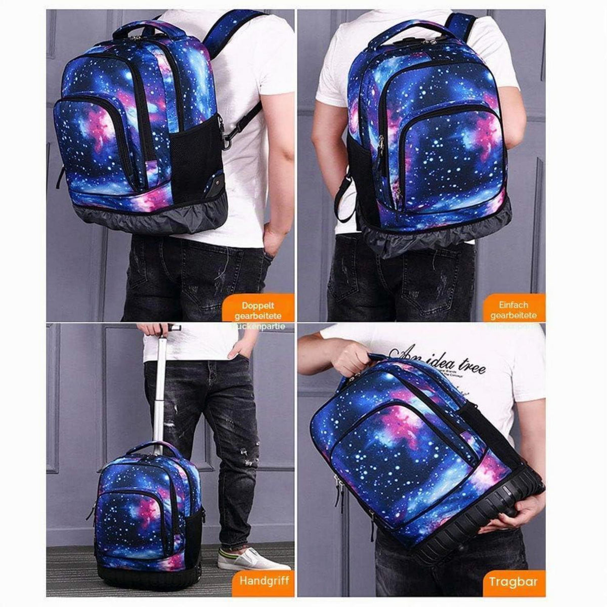 Trolley Rucksack Schulranzen mit Rollen – Lila Sternenhimmel