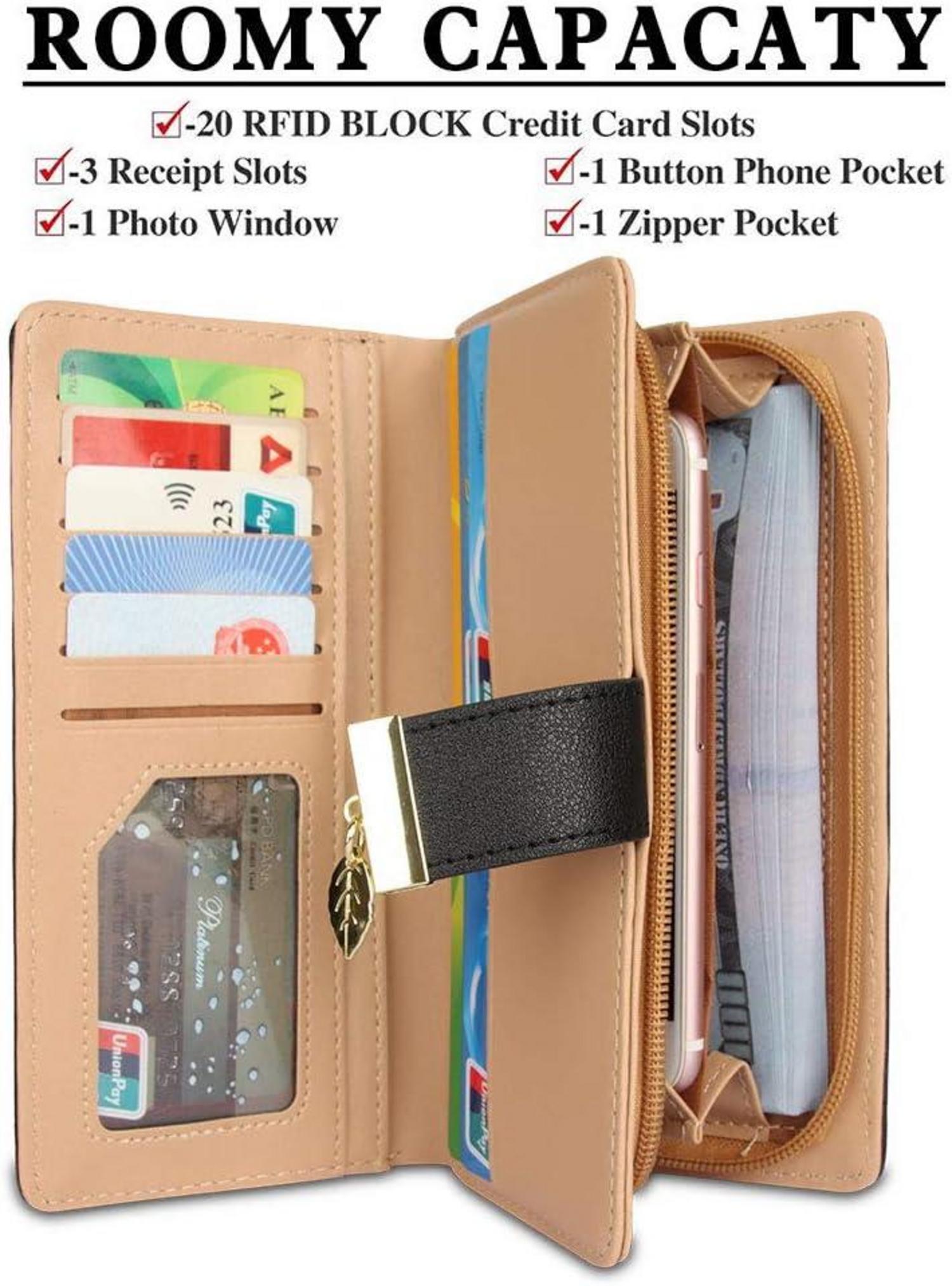 Damen Geldbörse Schwarz Blattmuster Bifold Leder Lang mit
