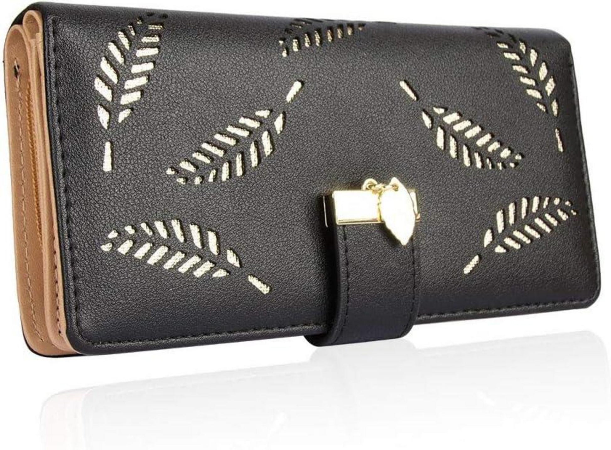 Damen Geldbörse Schwarz Leder Bifold Lang Reißverschluss