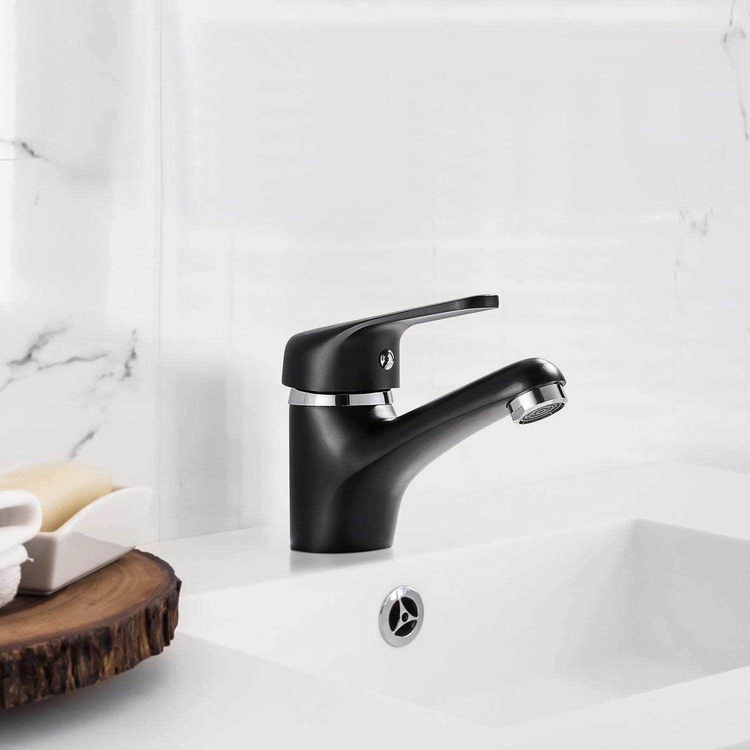 Schwarzer Wasserhahn ohne Ablaufgarnitur für Badezimmer, Messingarmatur