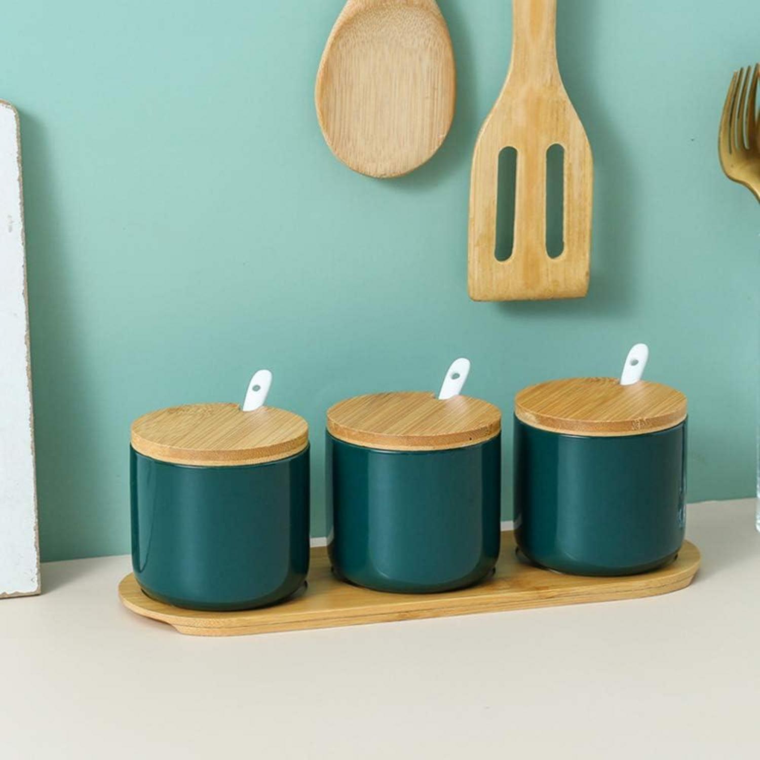 Keramik Gewürzdosen Set mit Löffel und Bambusdeckel 260ml Elegantes Design
