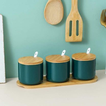 Keramik Gewürzdosen Set mit Löffel und Bambusdeckel 260ml Elegantes Design