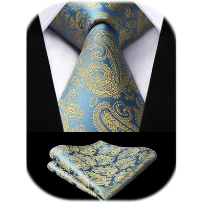 Herren Krawatte Einstecktuch Set Hochzeit Paisley Blau