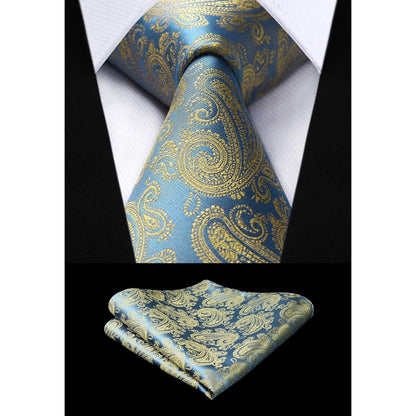 Herren Krawatte Einstecktuch Set Hochzeit Paisley Blau