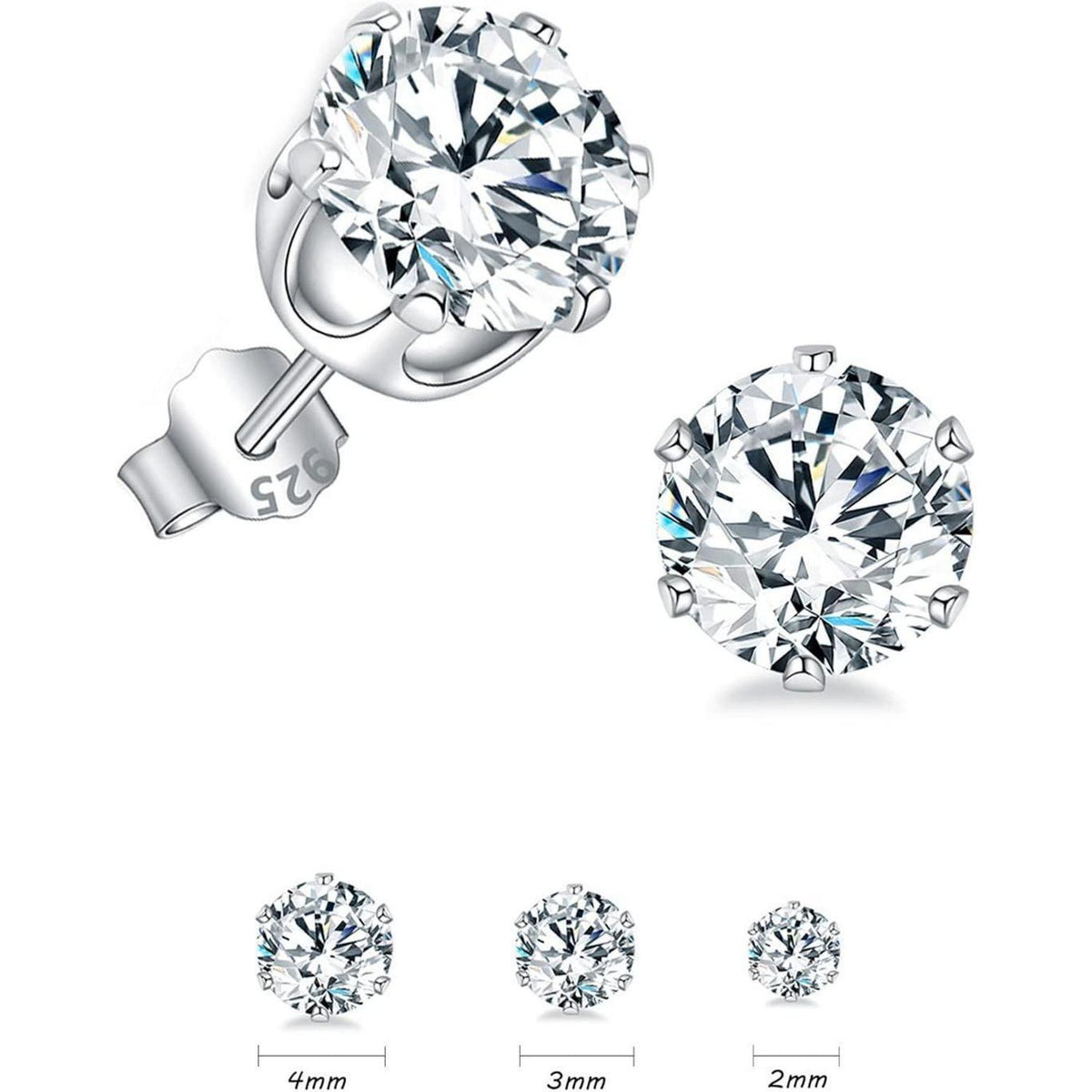 925 Sterling Silber Ohrstecker Set, Zirkonia, 2/3/4mm