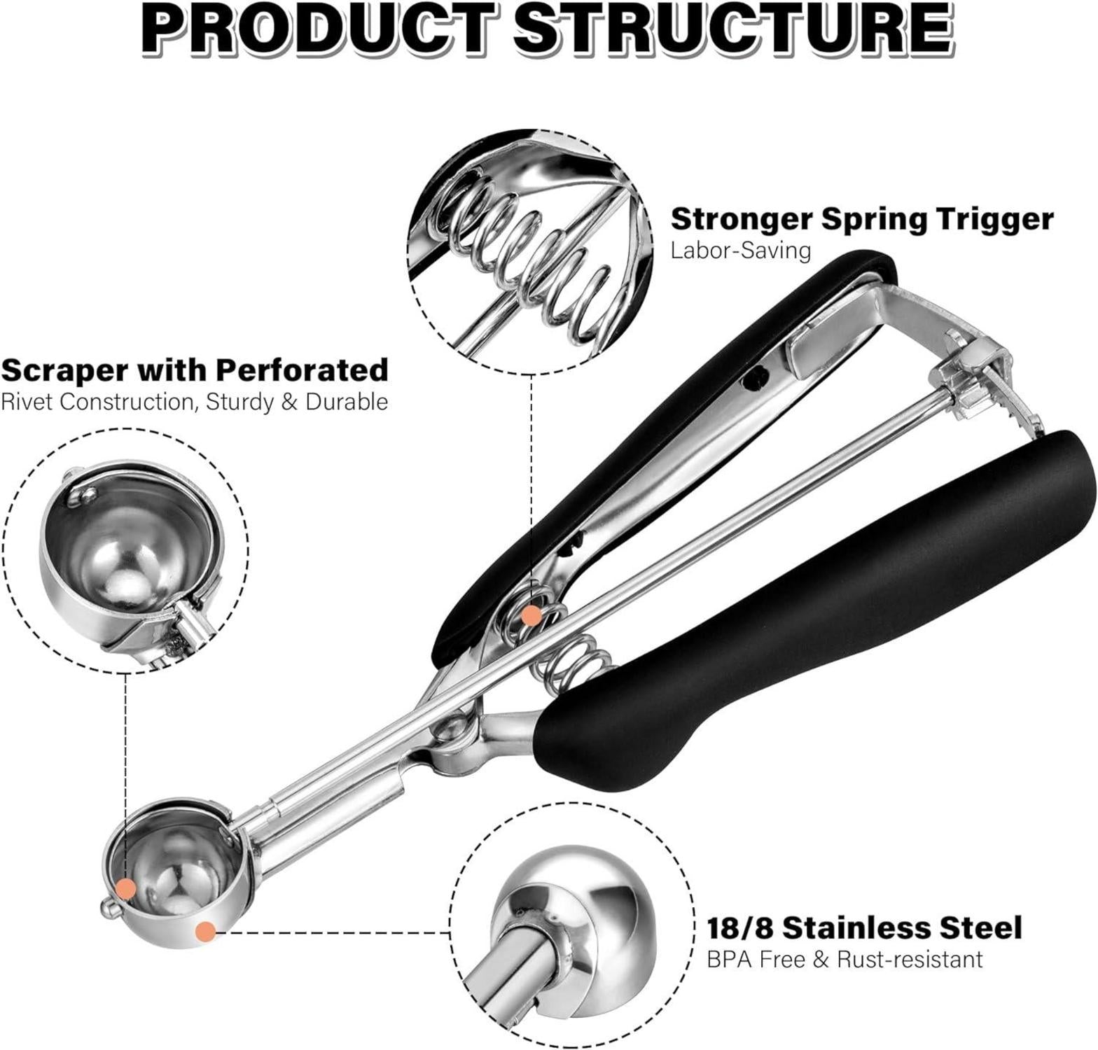 Eisportionierer Edelstahl 2,5 cm Auslöser, Komfortabler Griff