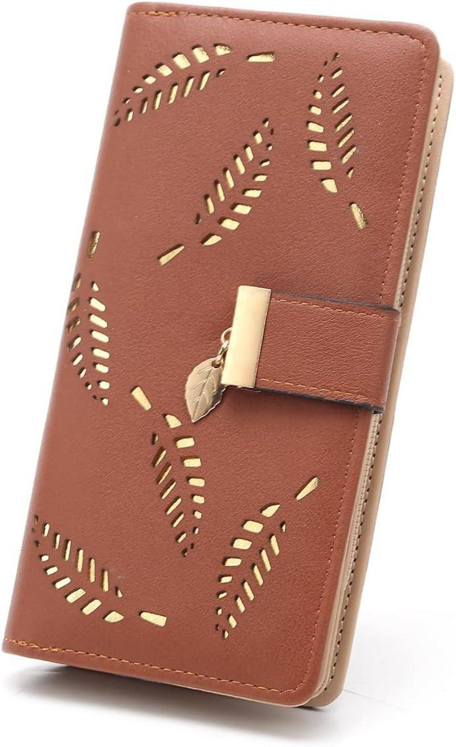 Damen Geldbörse Blattmuster Bifold Leder Lange Geldbörse Brown
