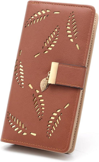 Damen Geldbörse Blattmuster Bifold Leder Lange Geldbörse Brown