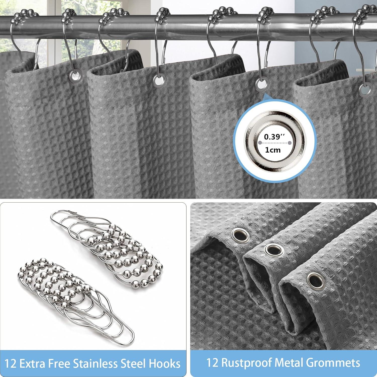 Waffel Duschvorhang mit Metall Duschvorhangringe - Wasserdicht & Anti-Schimmel - Grau - 182 x 214cm