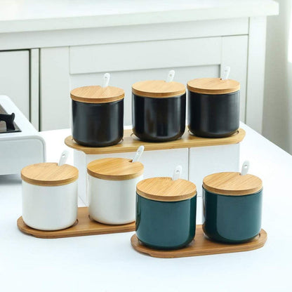 Keramik Gewürzdosen Set mit Bambusdeckel und Löffel, 260ml, 3-teilig