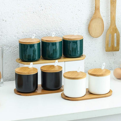 Keramik Gewürzdosen Set Salz Zuckerdose Tee Löffel Bambus 260ml