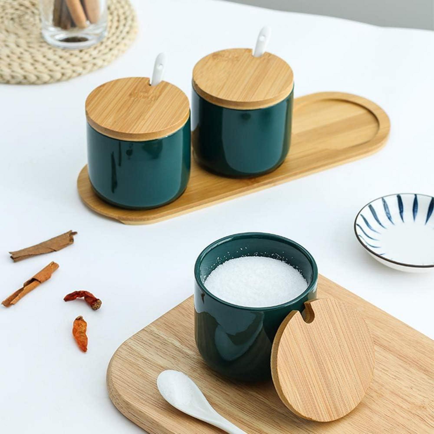 Keramik Gewürzdosen Set mit Bambusdeckel und Löffel, 260ml, 3-teilig