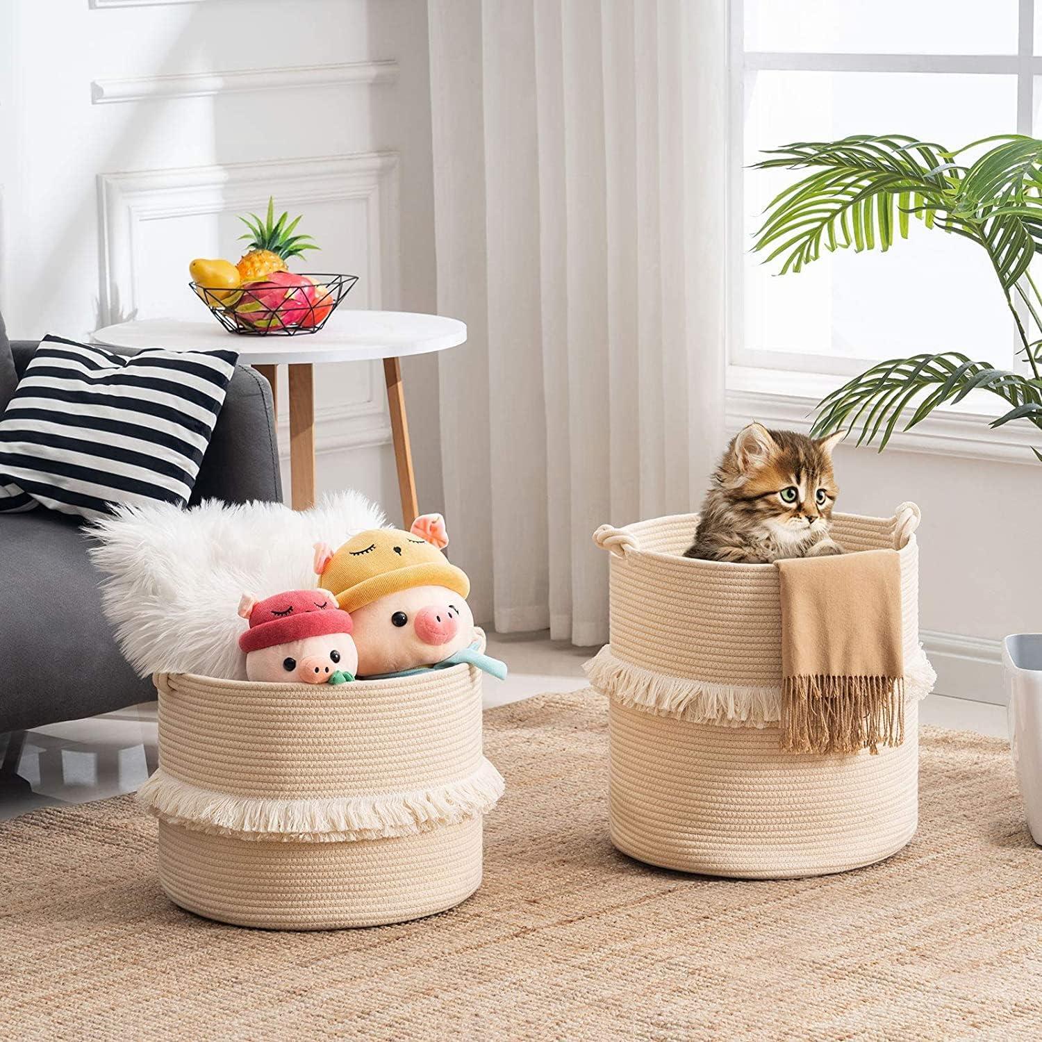 YOUDENOVA Wäschekorb Baumwolle Seil Aufbewahrung Boho Deko Kinderzimmer 40x43cm beige