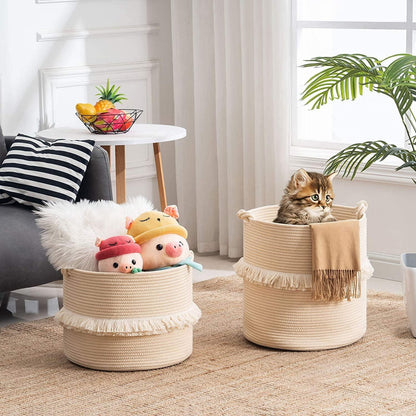 YOUDENOVA Wäschekorb Baumwolle Seil Aufbewahrung Boho Deko Kinderzimmer 40x43cm beige