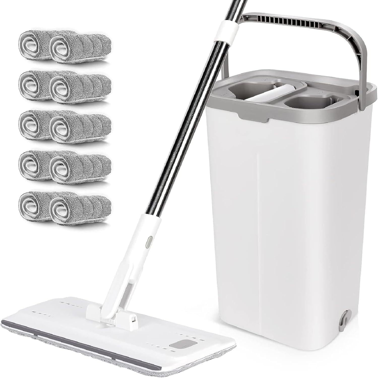 Wischmopp Set mit Eimer, Flachmopp Bodenwischer 10 Mopp Pads