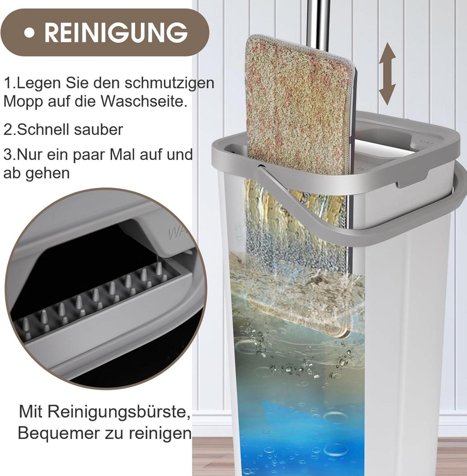 Wischmopp Set mit Eimer, Flachmopp Bodenwischer 10 Mopp Pads