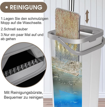 Wischmopp Set mit Eimer, Flachmopp Bodenwischer 10 Mopp Pads