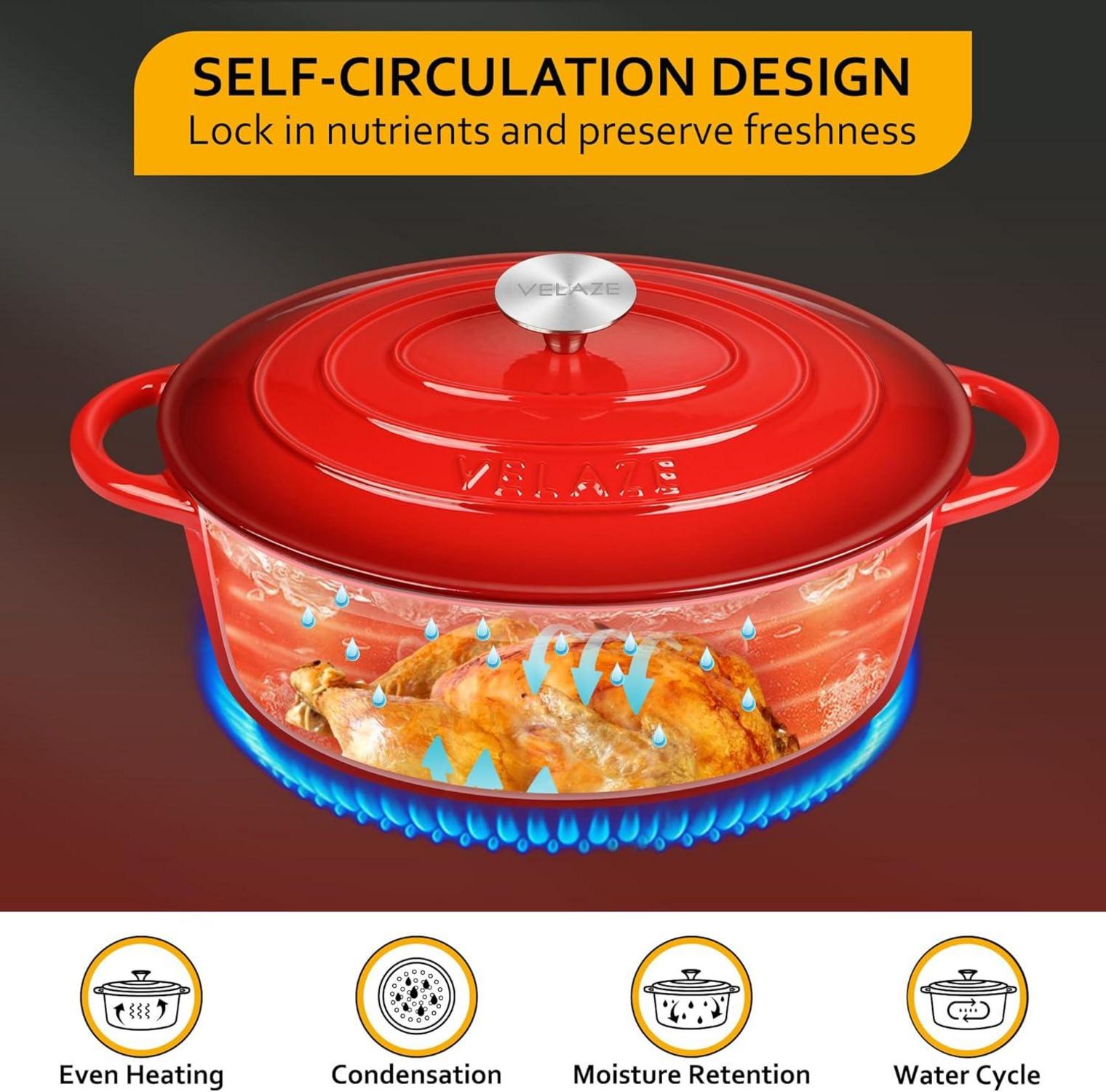 Velaze Gusseisen Ovaler Bräter 30cm 5L Emailliert Bratentopf Rot