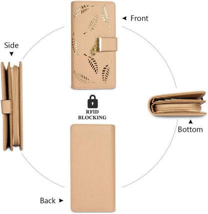 CHAOFANXI Damen-Geldbörse hohles Blattmuster Bifold Leder Lang Zip Geschenke Frauen Mädchen Khaki