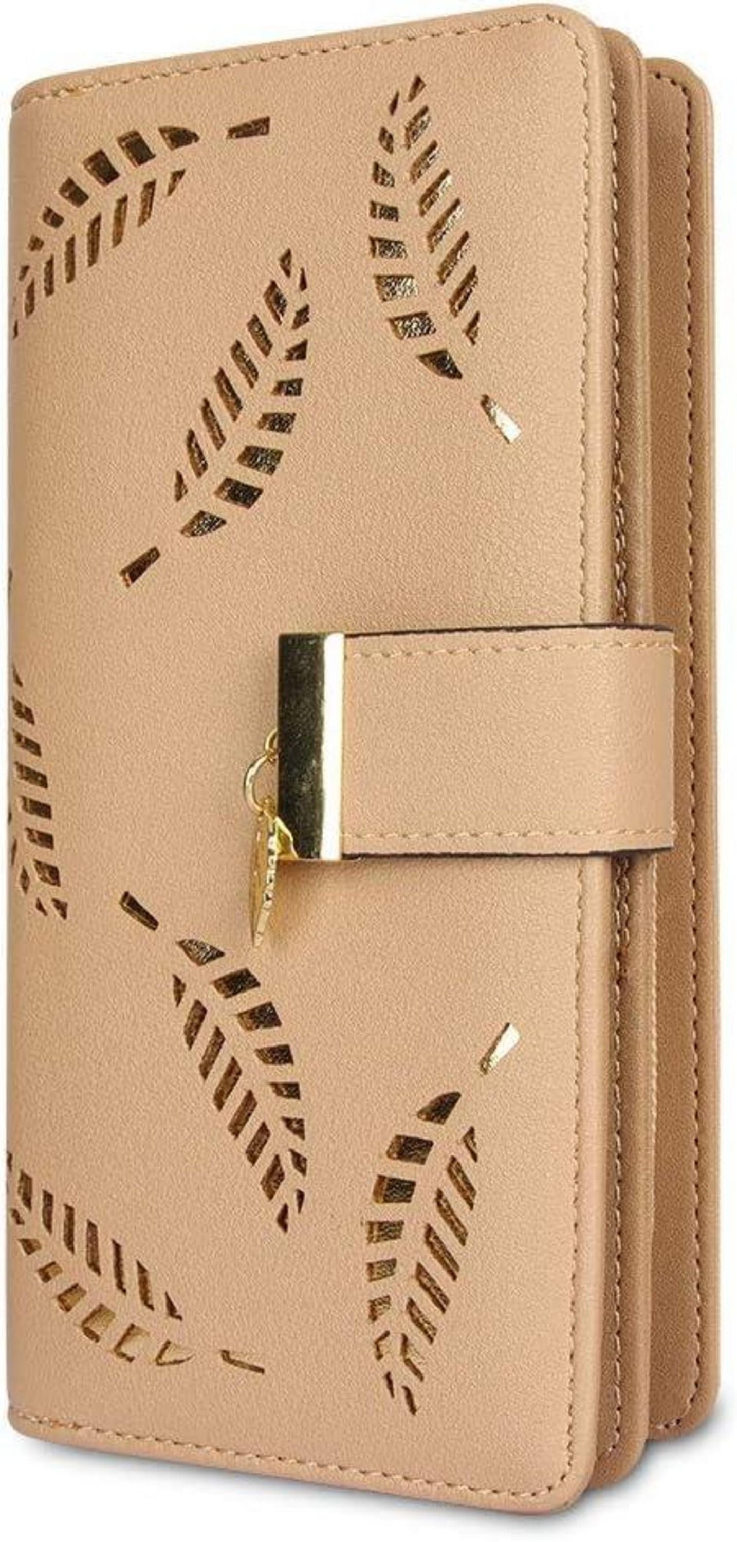 Damen Geldbörse Blattmuster Bifold Leder Reißverschluss Khaki