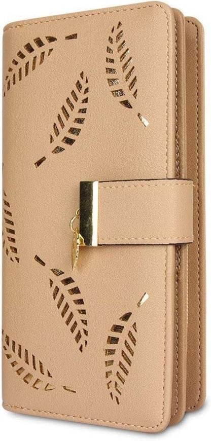 Damen Geldbörse Blattmuster Bifold Leder Reißverschluss Khaki