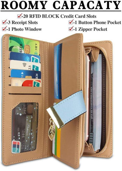 H-A Damen Geldbörse Hohl Blatt Muster Bifold Leder Lady Lange Geldbörse Azul