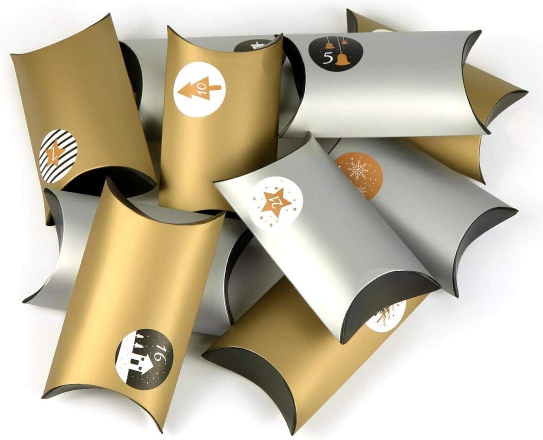 Adventskalender zum Befüllen 24er DIY Kissenschachteln Zahlenaufkleber Weihnachtskalender Bastelset Gold Silber