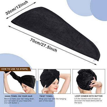 XL Mikrofaser Haarturban für Lange Haare 2er Pack Schwarz 30cmx70cm