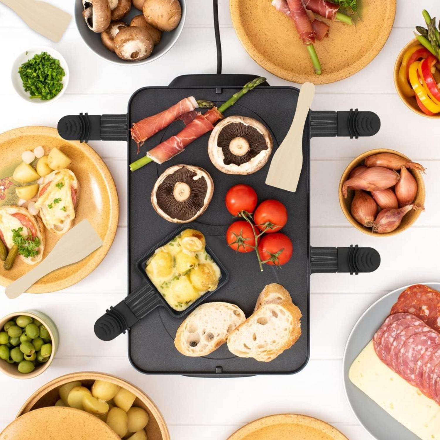 Raclette Pfännchen Set Antihaftbeschichtet 4 Stück Holzschaufel 18 x 9 cm