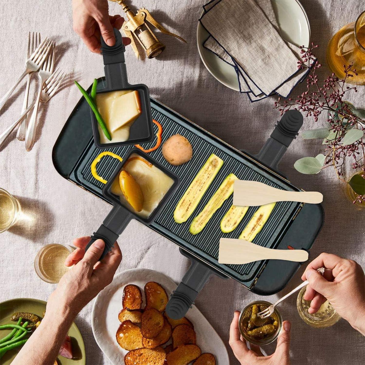 Raclette Pfännchen Set Antihaftbeschichtet 4 Stück Holzschaufel 18 x 9 cm