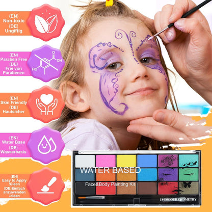 Janolia Kinderschminken Set, Gesichts- und Körperfarben, Fasching Halloween Ostern, 18 Farben, 2 Pinsel