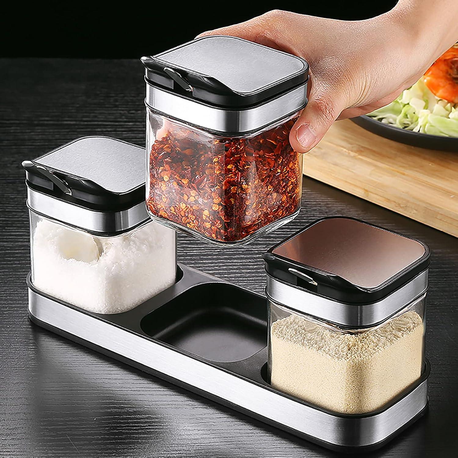Gewürzbehälter-Set Glas 220 ml mit Deckel und Löffel, Schwarz