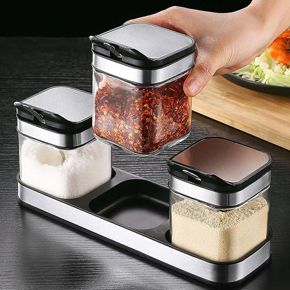 Gewürzbehälter-Set Glas 220 ml mit Deckel und Löffel, Schwarz